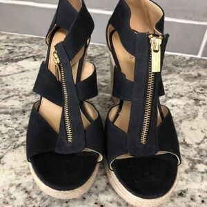 Michael Kors Elegant Black Wedge Sandals with Gold Zipper  - Size 9